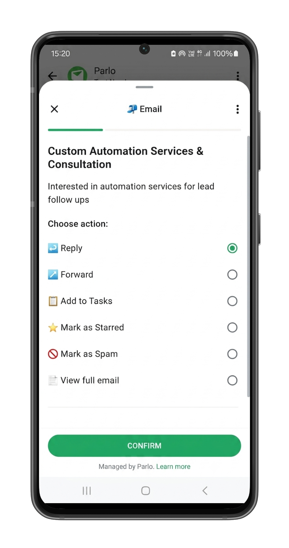 Parlo Bot email actions in WhatsApp