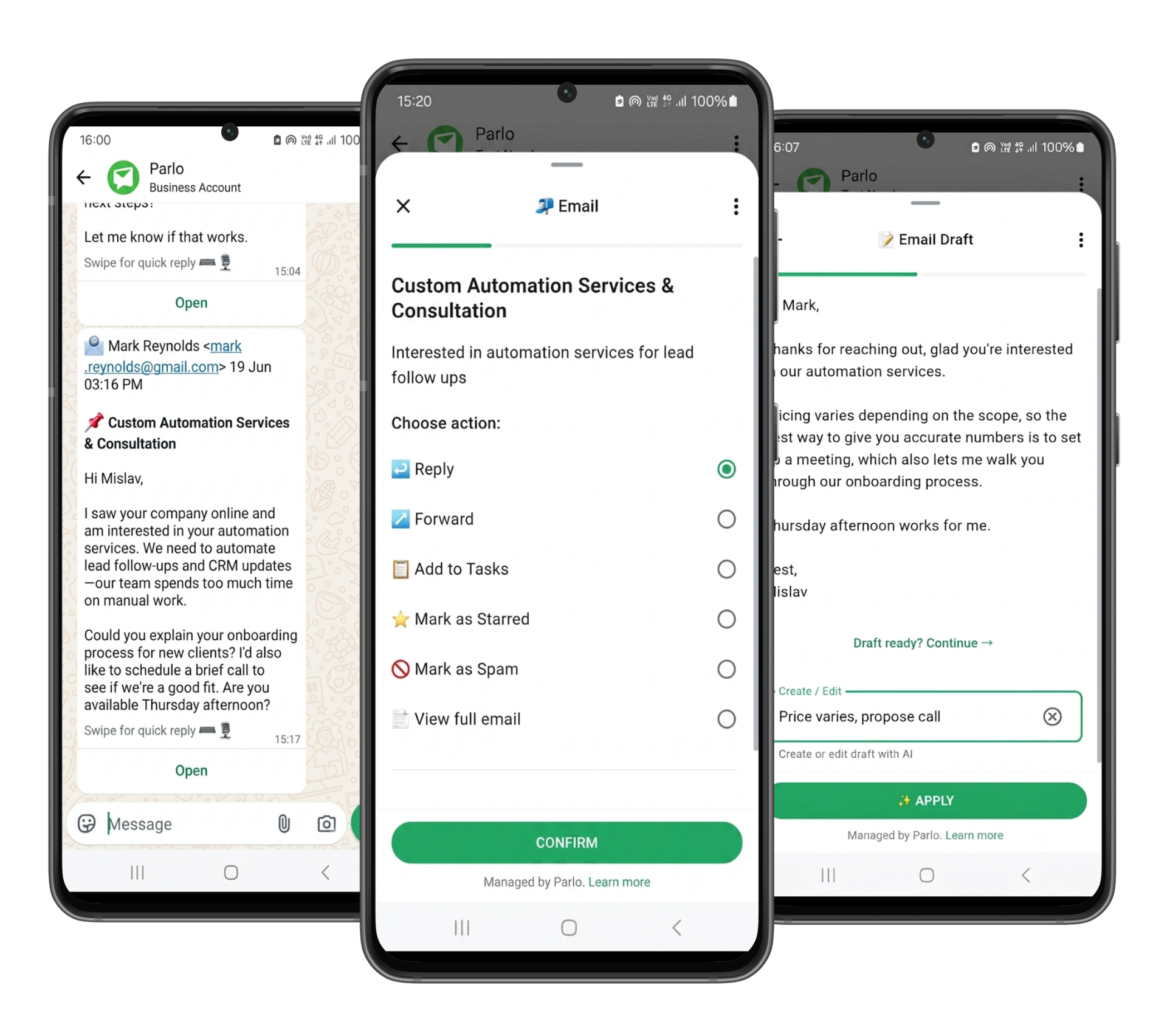 Parlo Bot email actions in WhatsApp
