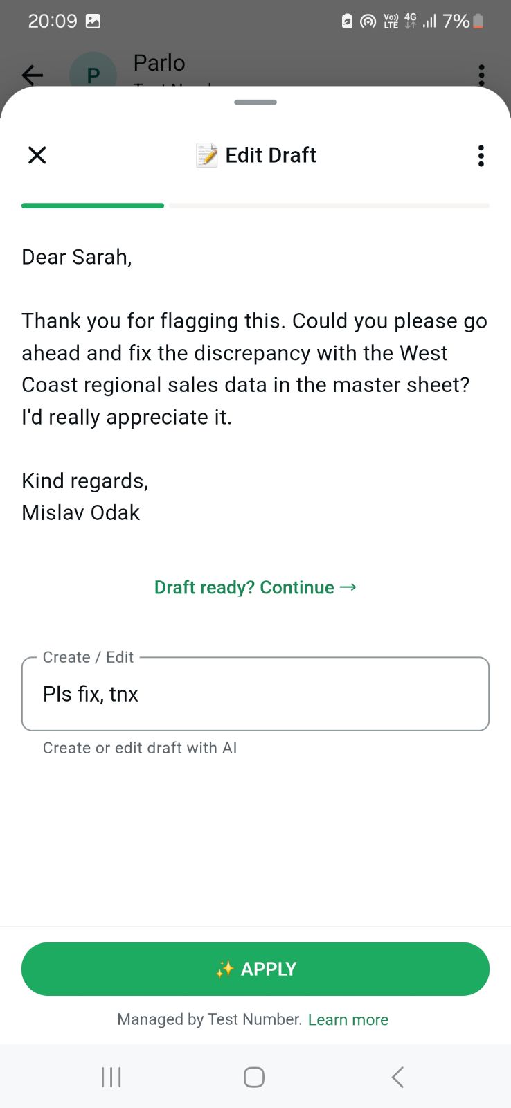 Parlo Bot drafting an email from a voice note